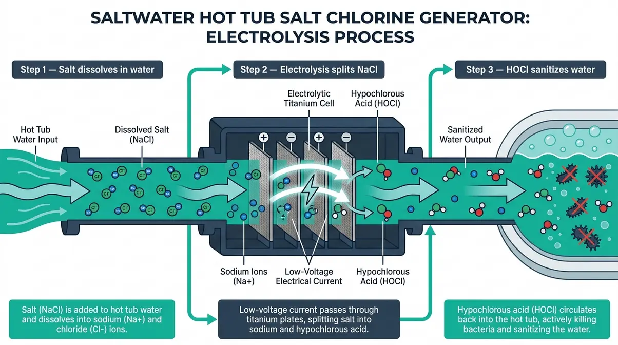 Best Saltwater Hot Tub: Top 10 Picks Tested (2026) 22 Step-by-step diagram of electrolysis converting dissolved salt into chlorine inside a saltwater hot tub generator