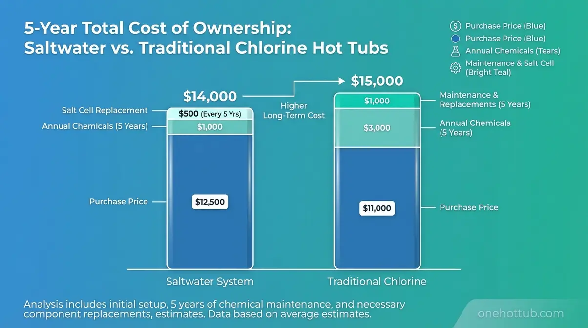 Bar chart comparing 5-year total cost of saltwater hot tub ownership versus traditional chlorine