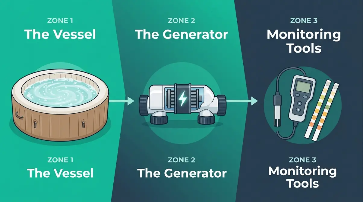 Best Saltwater Hot Tub: Top 10 Picks Tested (2026) 11 Three-layer saltwater hot tub ecosystem diagram showing vessel, generator, and monitoring tools