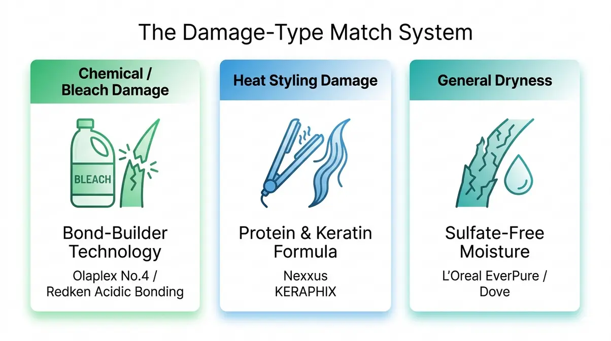 Infographic matching chemical bleach, heat styling, and dryness hair damage types to bond-builder, protein, and moisture shampoo technologies