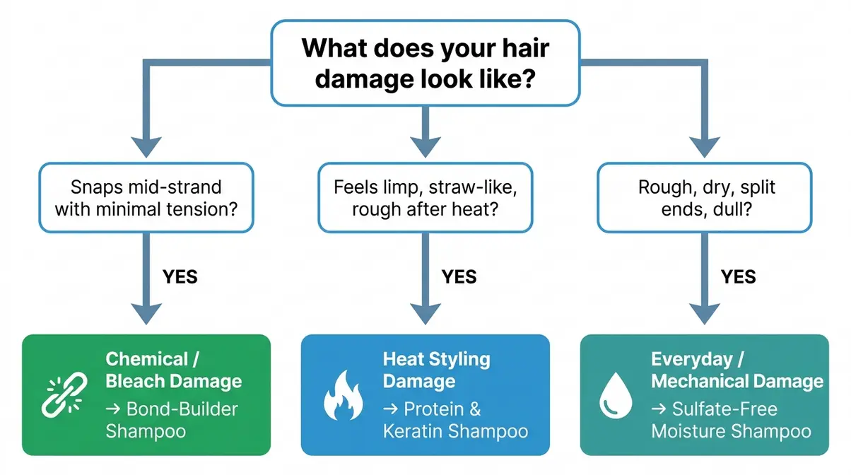 Flowchart to identify hair damage type — chemical bleach, heat styling, or mechanical dryness — based on breakage symptoms and texture