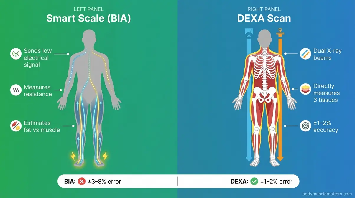 Infographic comparing BIA electrical current path in smart scales versus DEXA scan X-ray process for body composition
