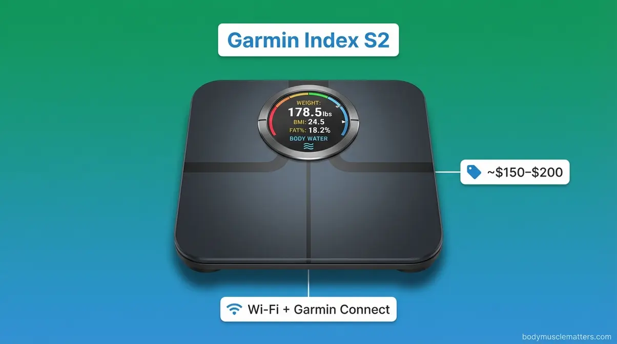 Garmin Index S2 smart scale with color LCD display and Wi-Fi sync to Garmin Connect for athlete body composition tracking