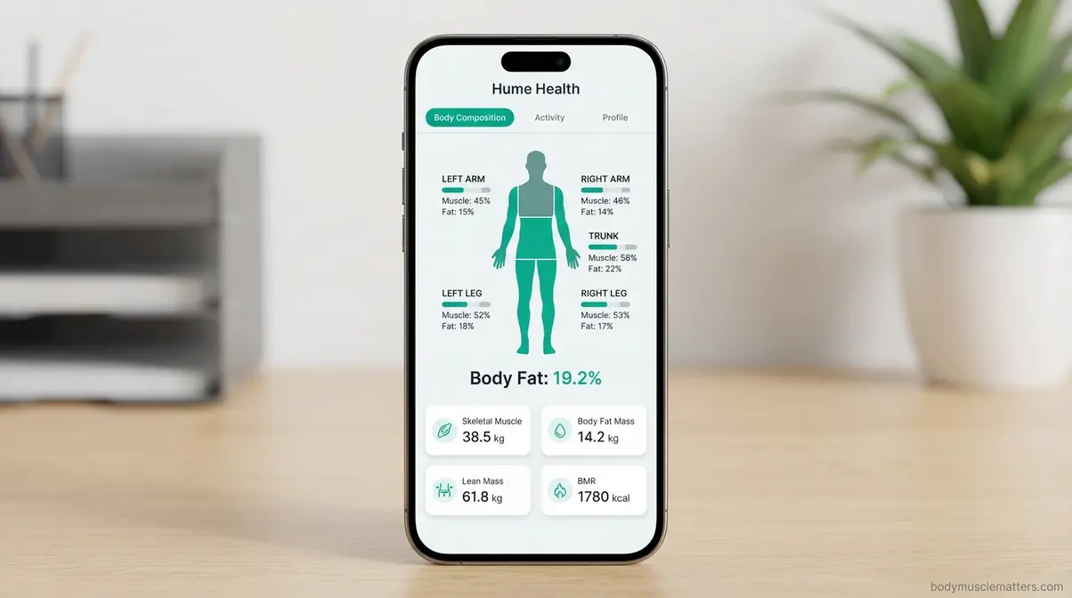 Hume Health app showing body composition breakdown with muscle mass and fat percentage by limb segment for each body zone