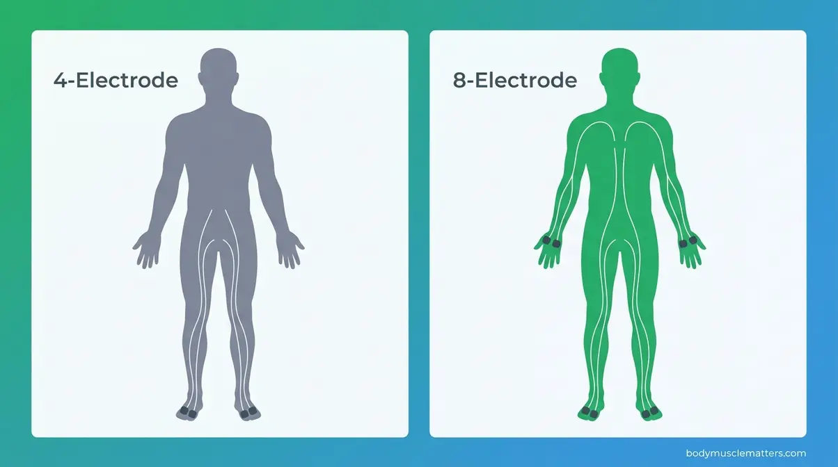 Diagram comparing 4-electrode versus 8-electrode smart scale body composition measurement coverage