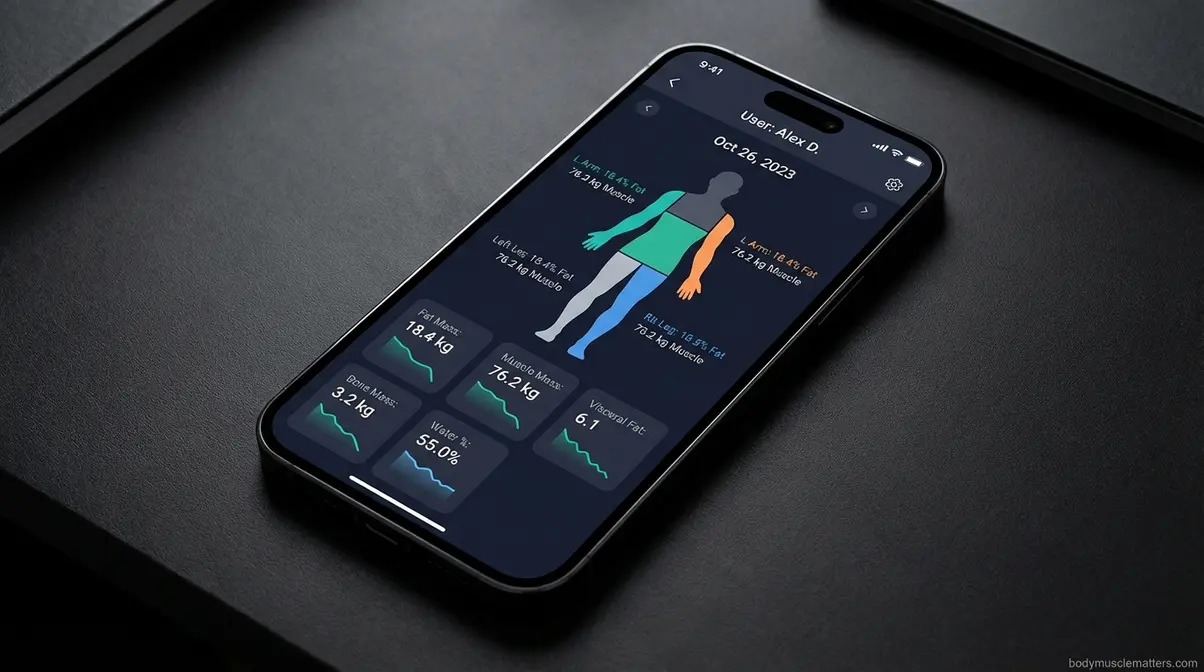 Withings Health Mate app displaying segmental body composition data with muscle and fat breakdown across five body zones