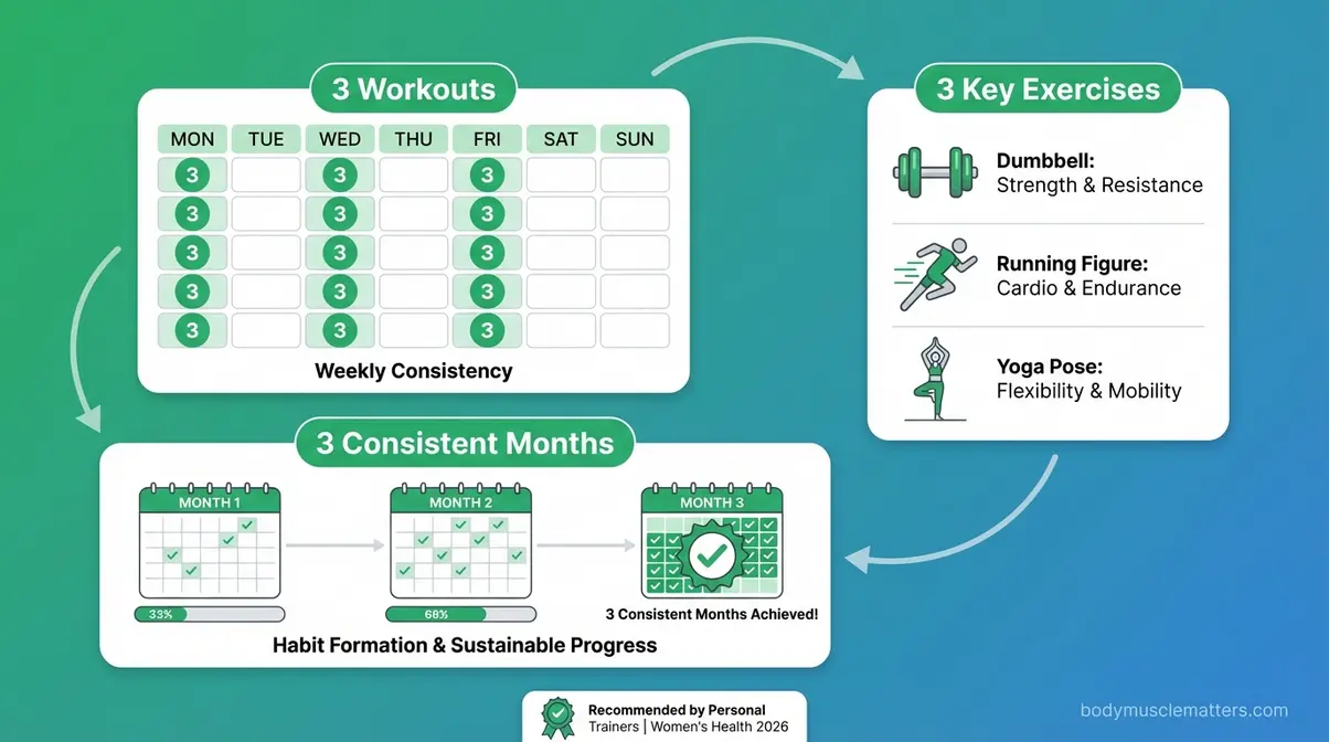 The 3-3-3 workout rule infographic showing three workouts per week, three exercises, and three months of consistency