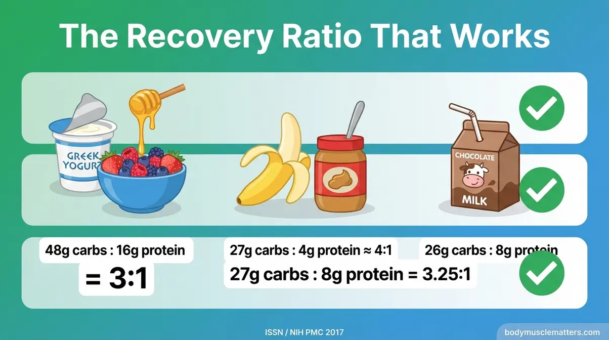 3 to 1 carb to protein recovery ratio infographic showing Greek yogurt banana and chocolate milk examples with exact macros