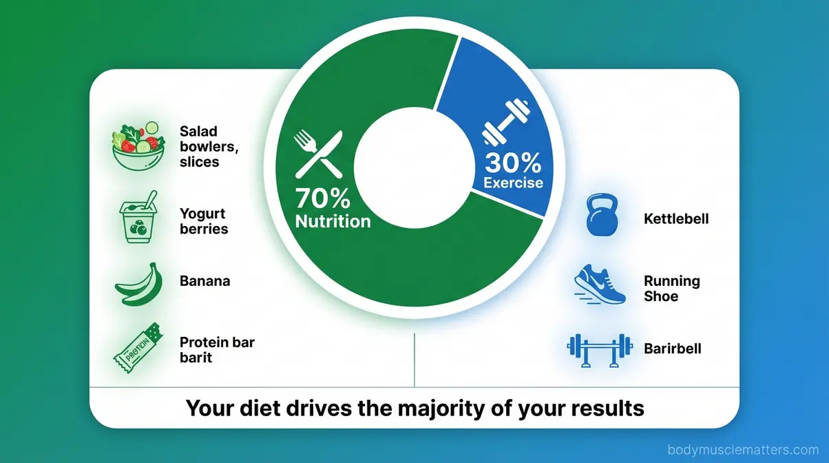 70 30 fitness rule infographic showing 70 percent nutrition and 30 percent exercise drive physical results