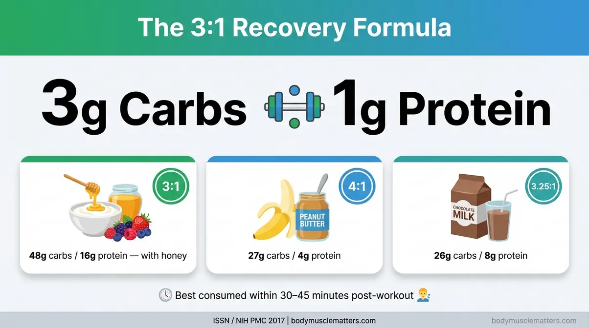 3 to 1 carb to protein ratio for workout recovery infographic showing Greek yogurt honey berries banana peanut butter and chocolate milk examples