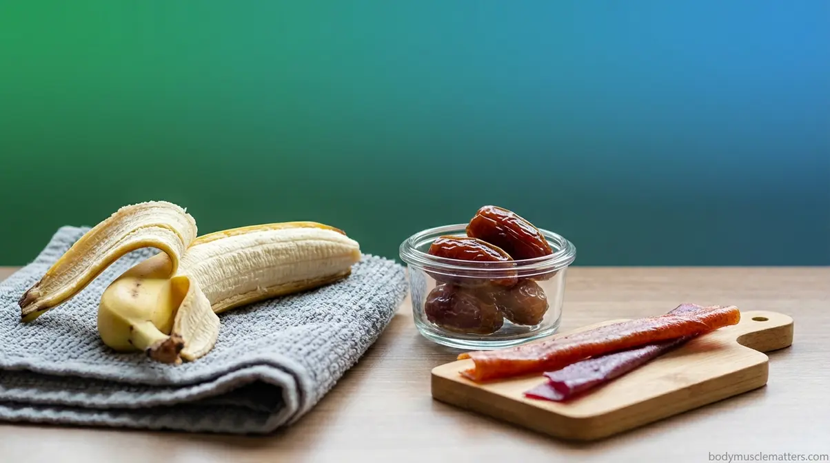 Fast-energy mid-workout snacks showing banana, Medjool dates, and fruit leather for endurance training sessions