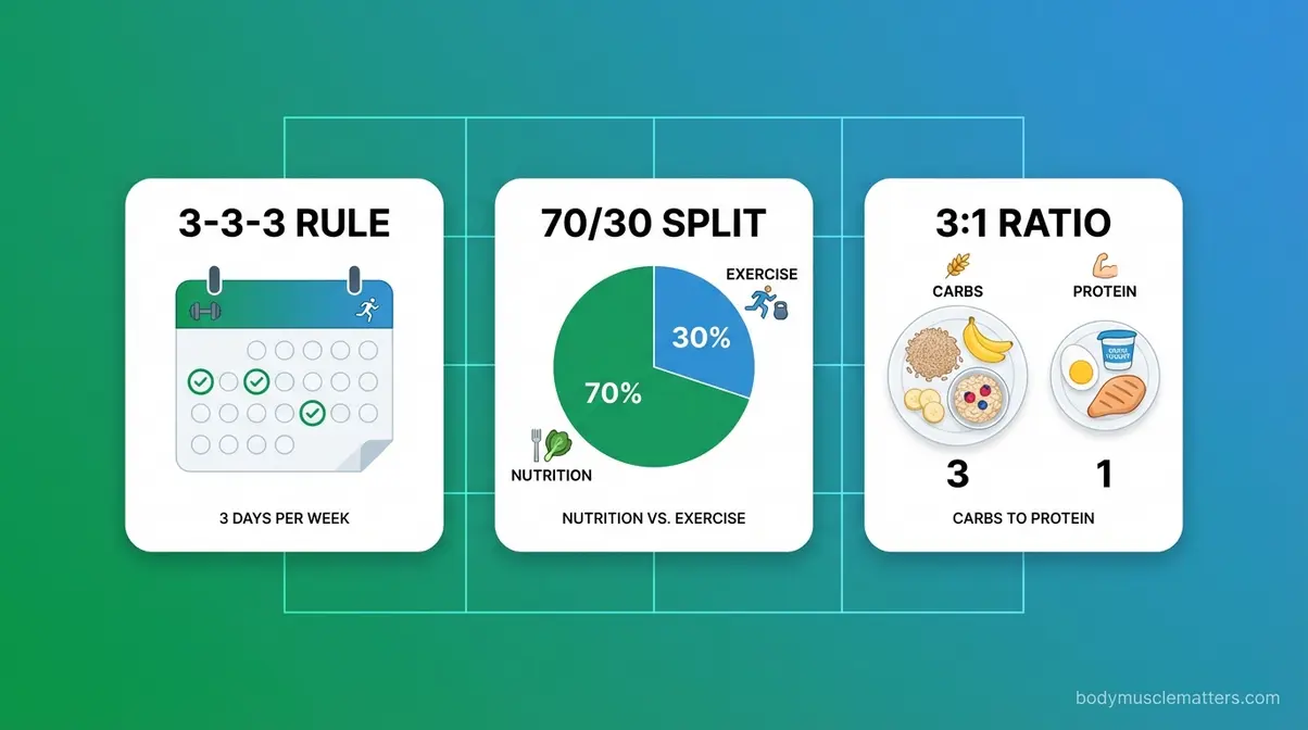 Fitness nutrition rules infographic showing the 3-3-3 workout rule, 70 30 nutrition rule, and 3 to 1 carb protein ratio