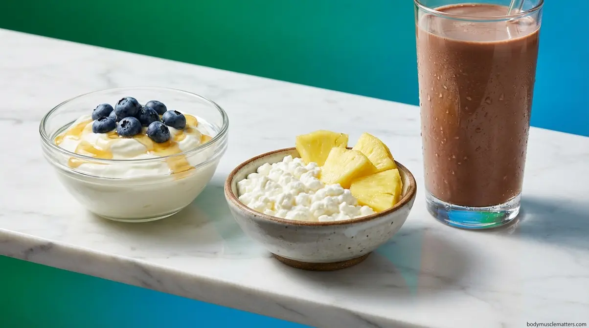 High-protein recovery snacks showing Greek yogurt with berries, cottage cheese with pineapple, and chocolate milk