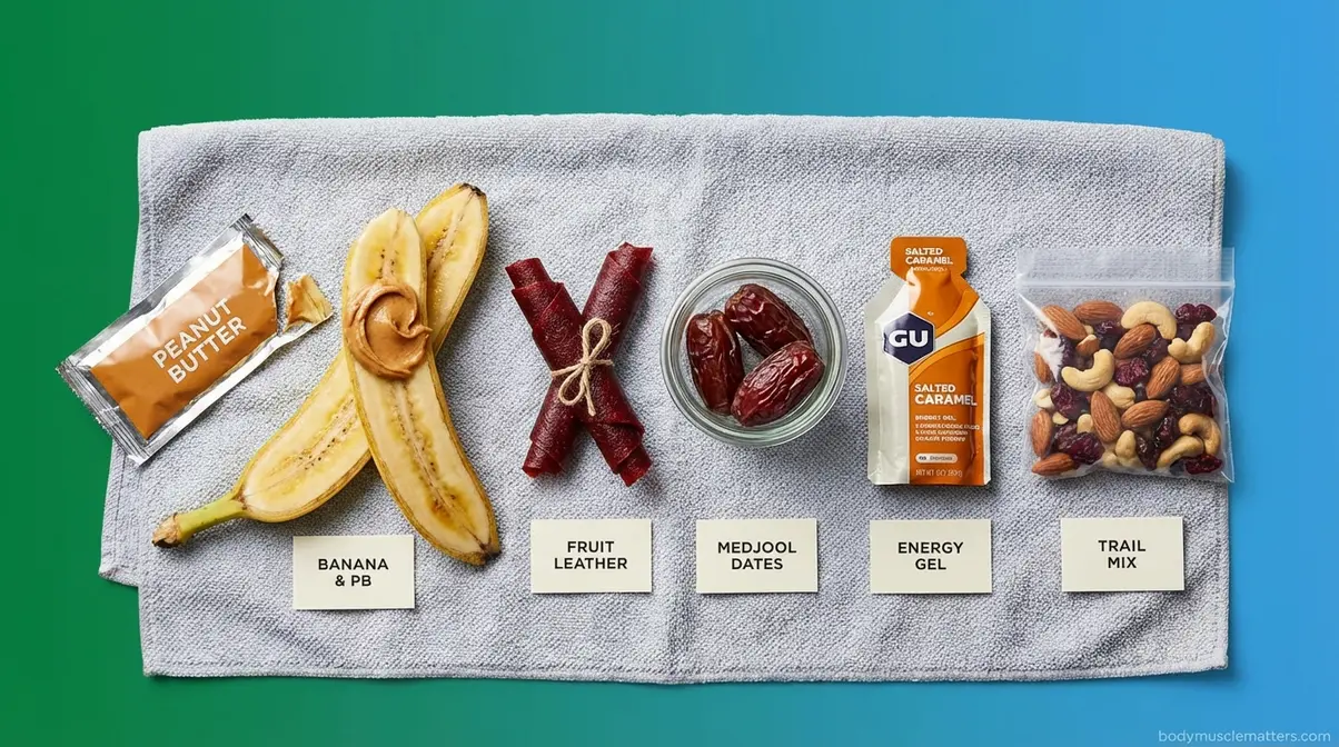 Five best mid-workout snacks including banana, fruit leather, dates, energy gel, and trail mix arranged together