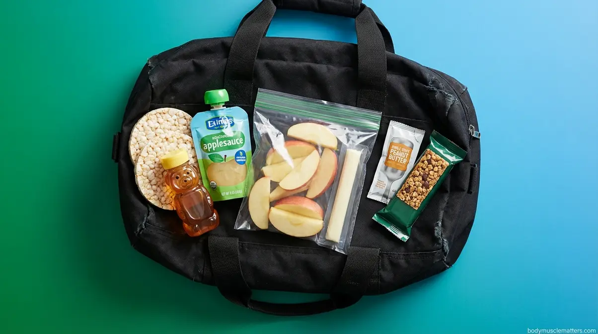 Portable gym session snacks including rice cakes, applesauce pouch, string cheese, peanut butter packet, and granola bar