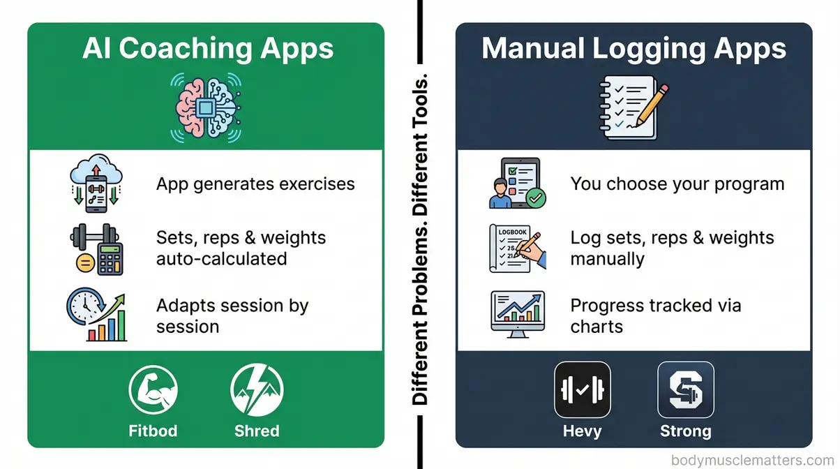 Infographic comparing AI coaching apps like Fitbod and Shred with manual tracking apps like Hevy and Strong for strength training