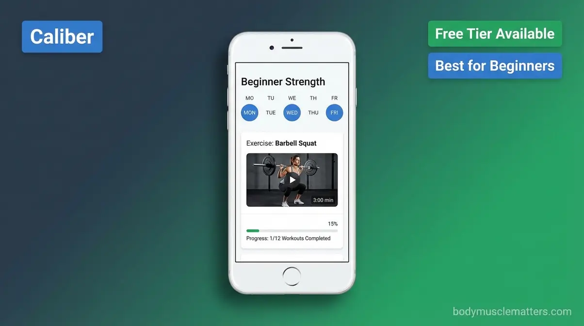 Caliber strength app showing beginner program with video exercise library and free tier interface