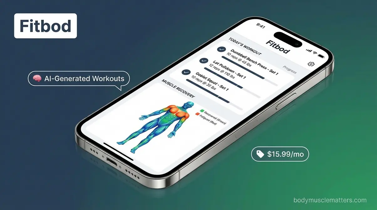 Fitbod app screen showing AI-generated strength workout with muscle recovery heat map