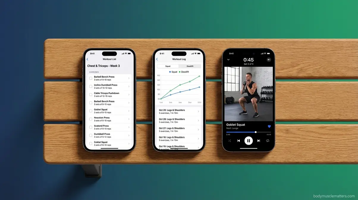 Three smartphones showing free strength training app interfaces for Caliber Hevy and Nike Training Club