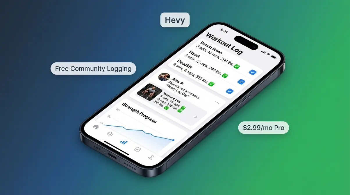 Hevy app showing workout log with sets reps weights and social community feed