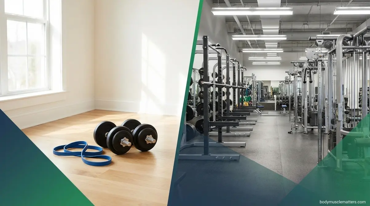 Side by side comparison of home gym dumbbell setup and full commercial gym equipment for strength training