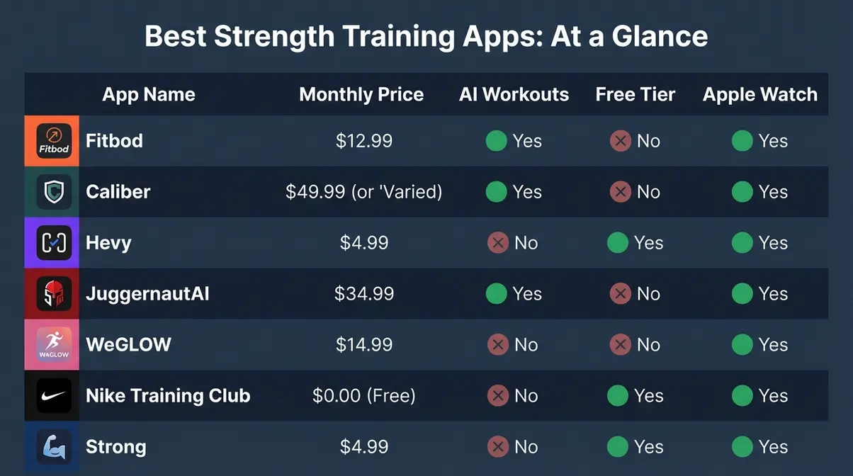 Visual comparison matrix of best strength training apps showing pricing AI features and free tier availability