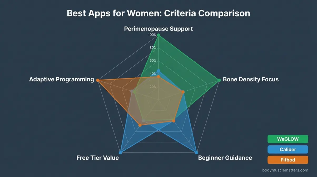 Radar chart comparing best strength training apps for women across perimenopause support bone density programs and beginner guidance criteria