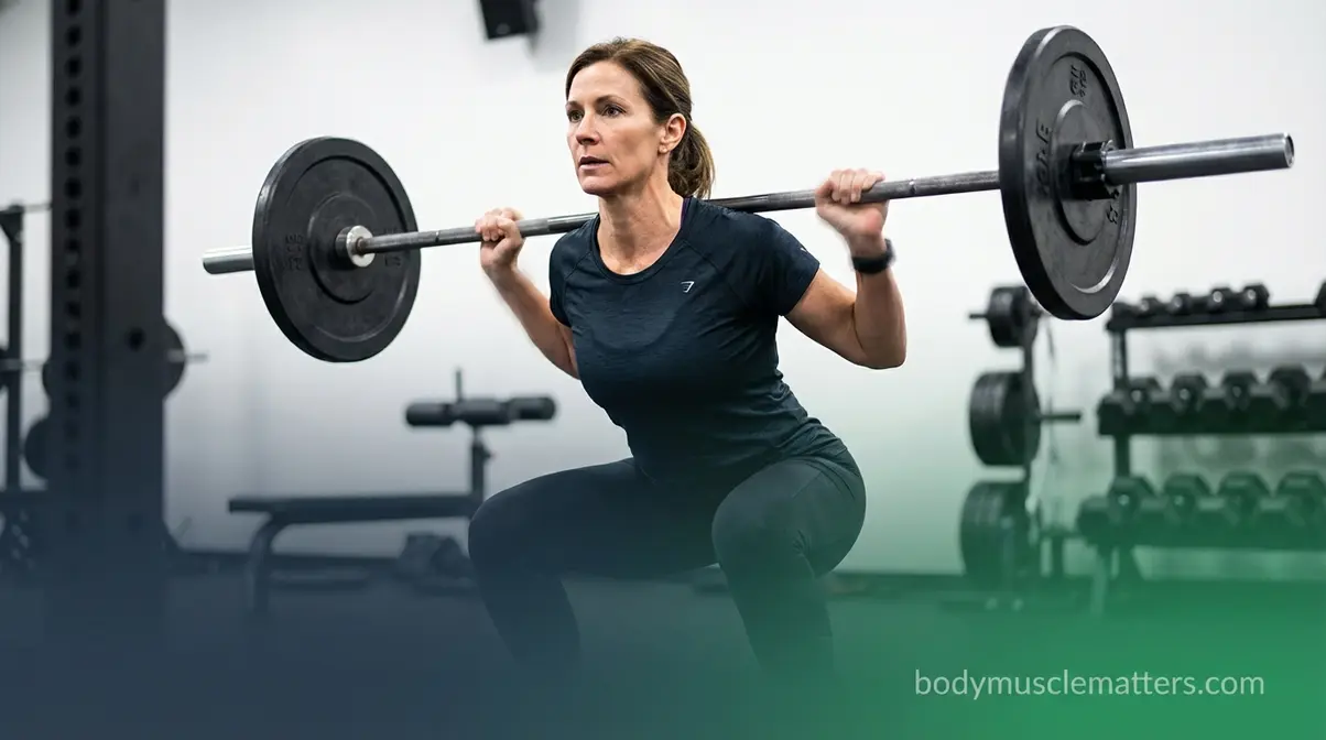 Woman over 40 performing barbell squat for perimenopause strength training program