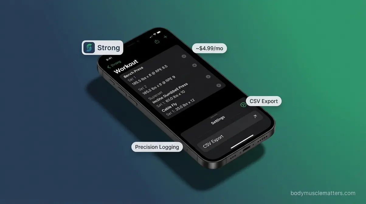 Strong workout app showing precision lift logging with CSV export and superset tracking features