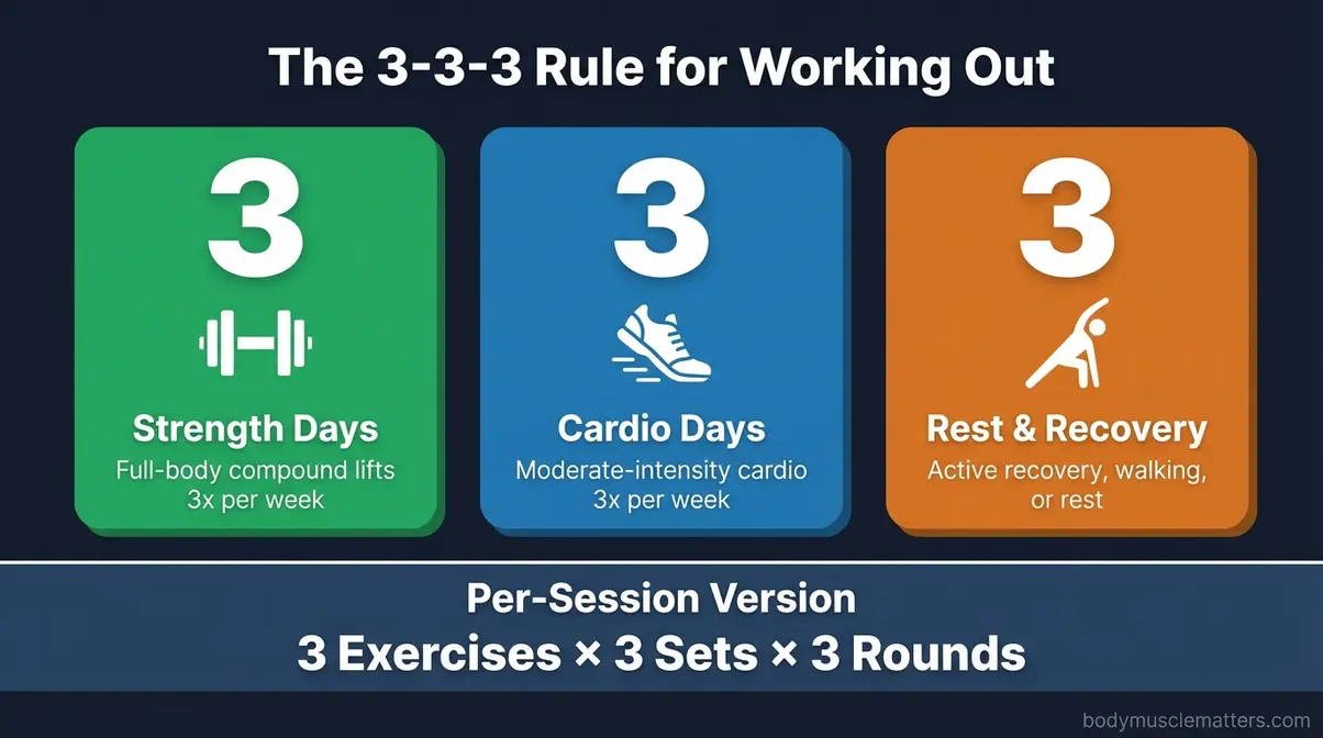 Visual guide to the 3-3-3 rule for strength cardio and recovery days weekly workout structure