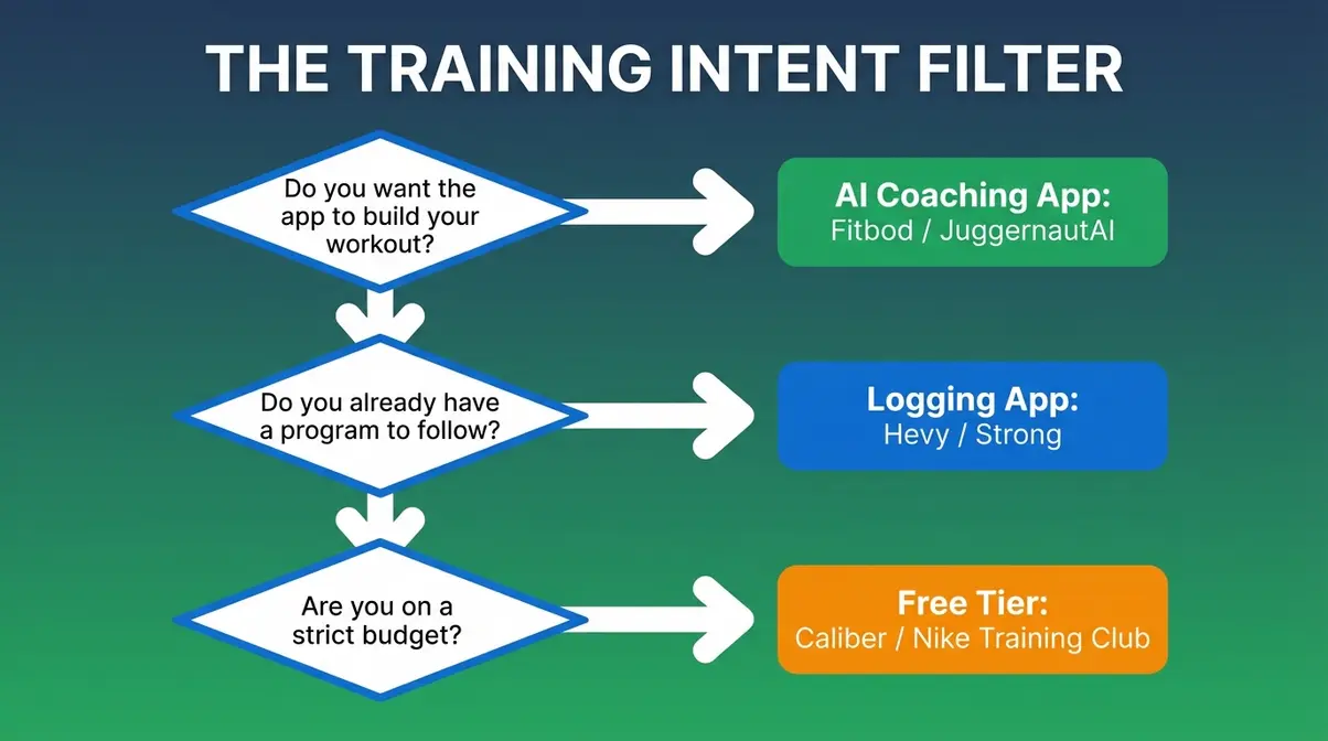 Flowchart for choosing best strength training app based on coaching needs budget and training goals
