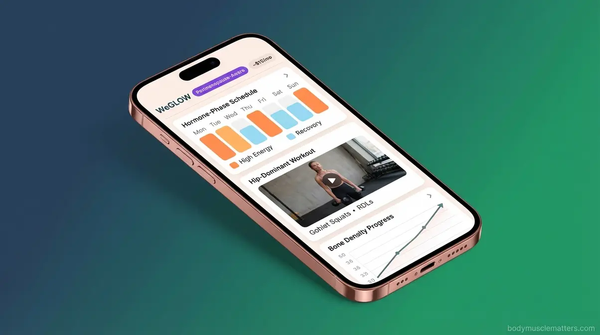 WeGLOW app showing perimenopause-aware strength program with hormonal phase scheduling for women