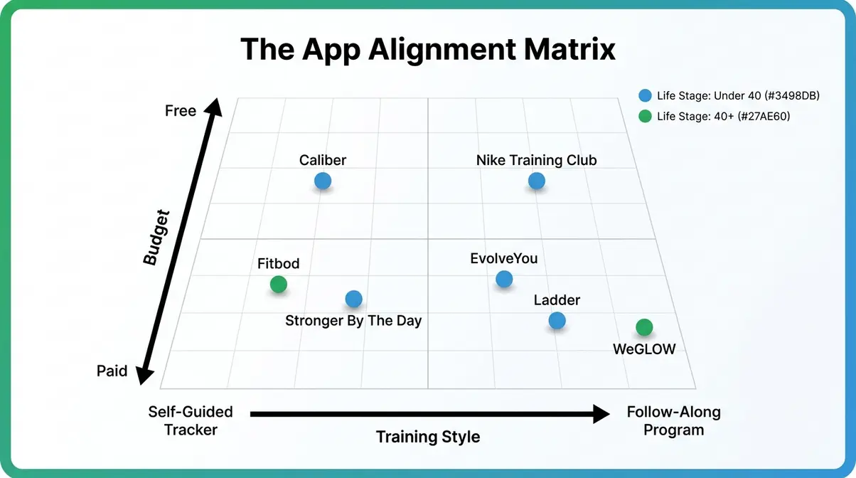 App alignment matrix infographic plotting seven strength training apps for women by training style, budget, and life stage