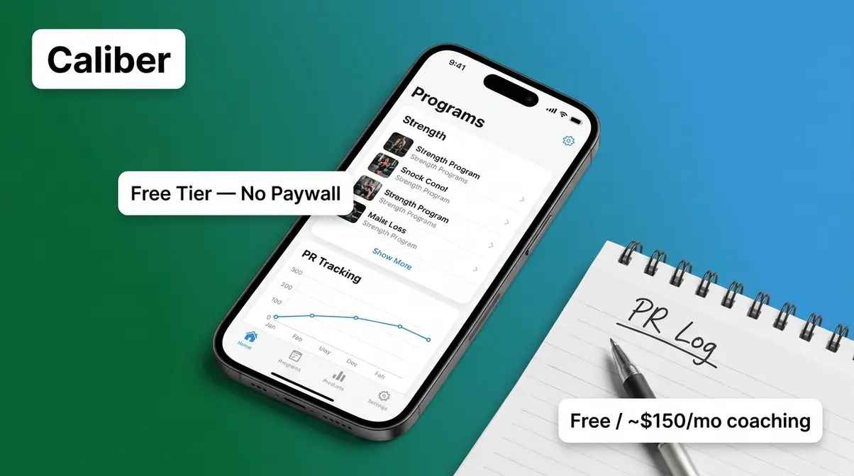 Caliber strength training app showcase with free tier program dashboard and PR tracking screen
