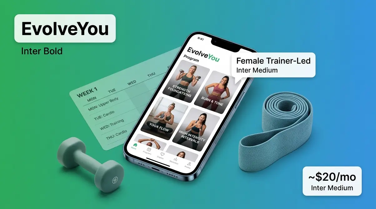 EvolveYou strength training app showcase with female trainer-led program screen and pricing badge