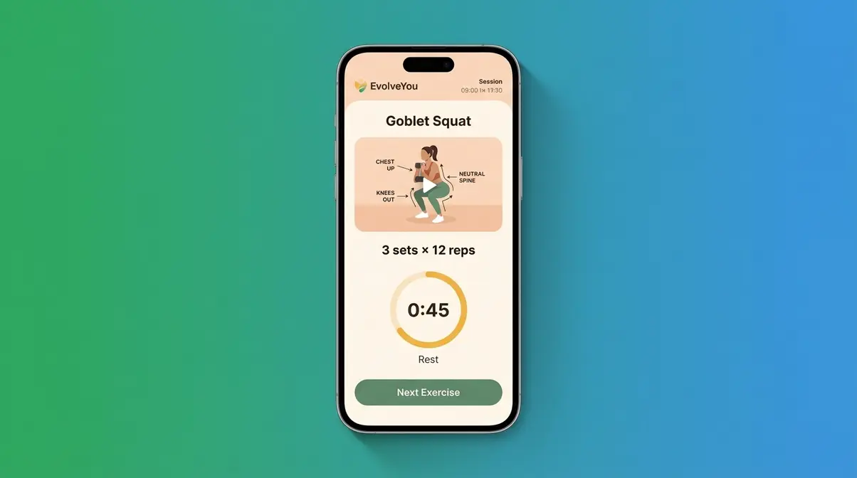 EvolveYou app workout screen showing beginner lower-body session with trainer video and rest timer