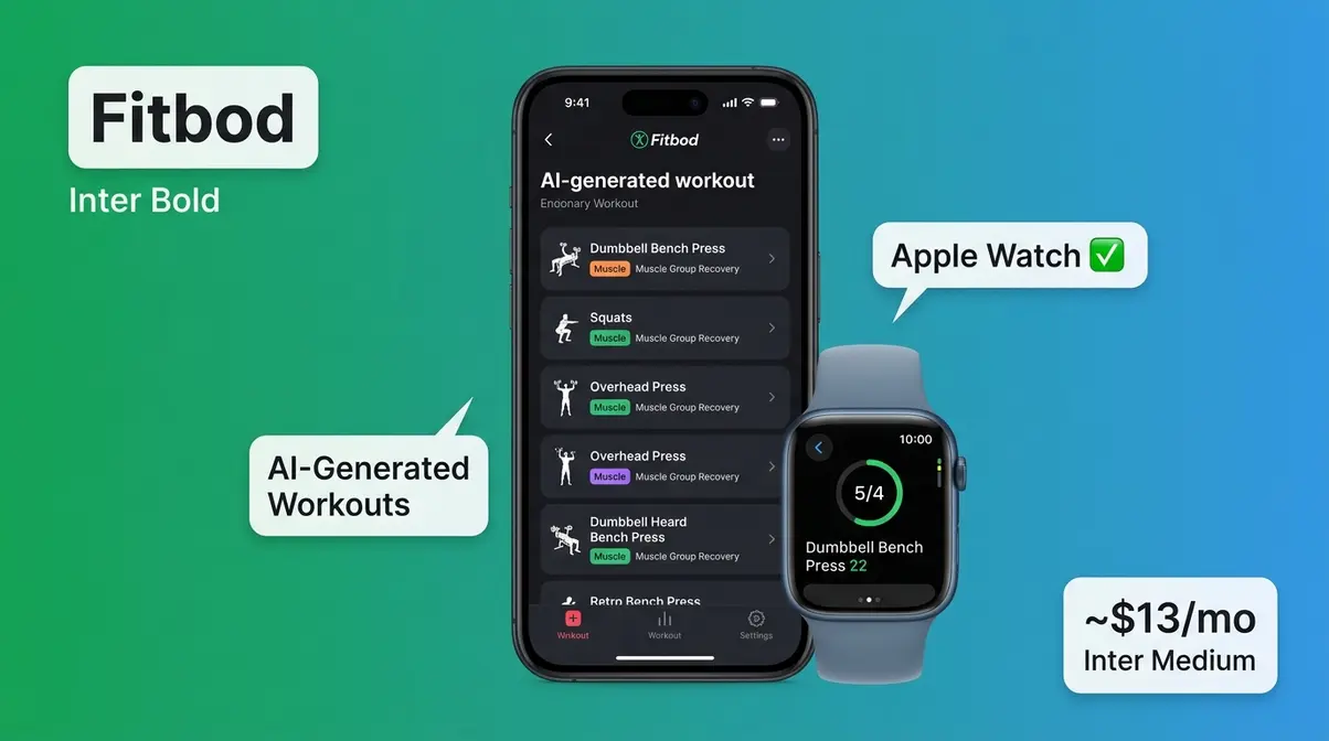 Fitbod AI strength training app showcase with Apple Watch integration and dark mode workout screen