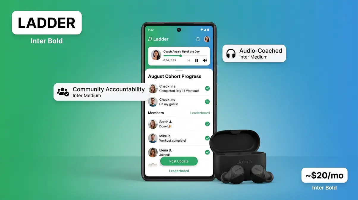 Ladder fitness app showcase with community cohort feed and audio coaching interface on smartphone