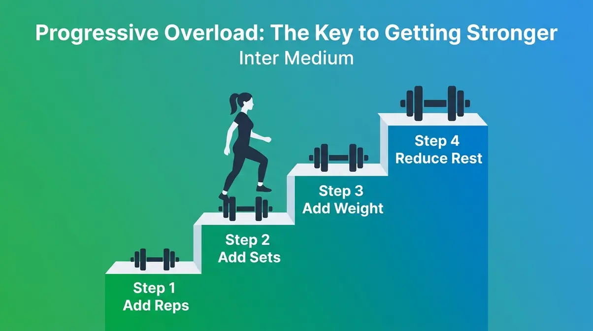 Progressive overload diagram showing four steps to building strength for women in training apps