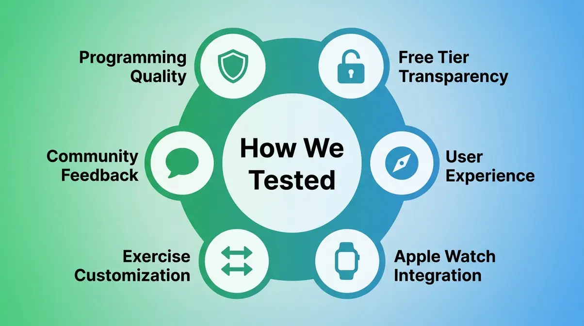 Six evaluation criteria used to test and rate the best strength training apps for women