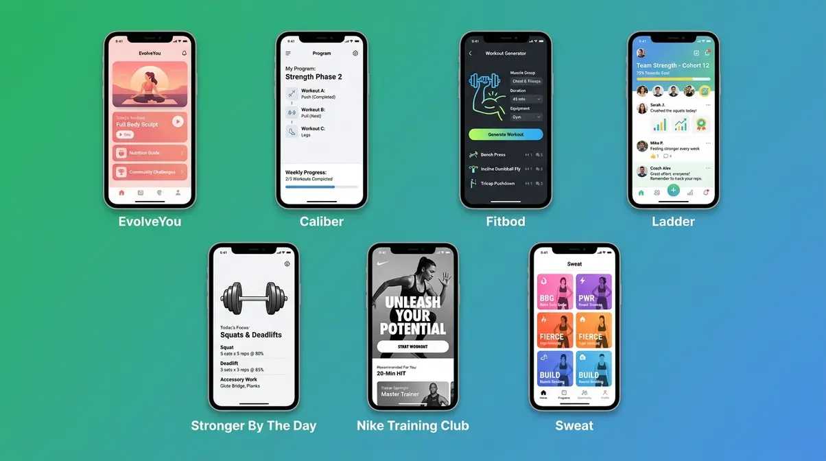 Side-by-side home screen comparison of seven best strength training apps for women