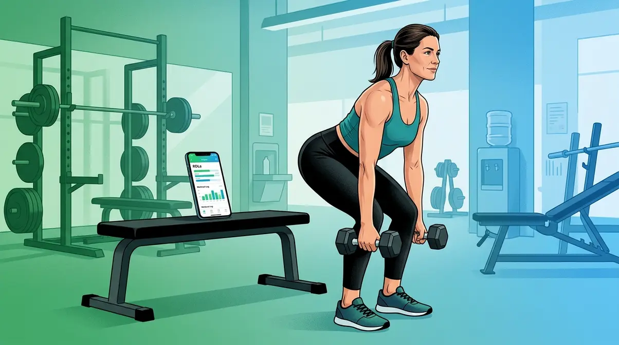 Woman over 40 doing dumbbell strength training in gym with fitness app visible on smartphone