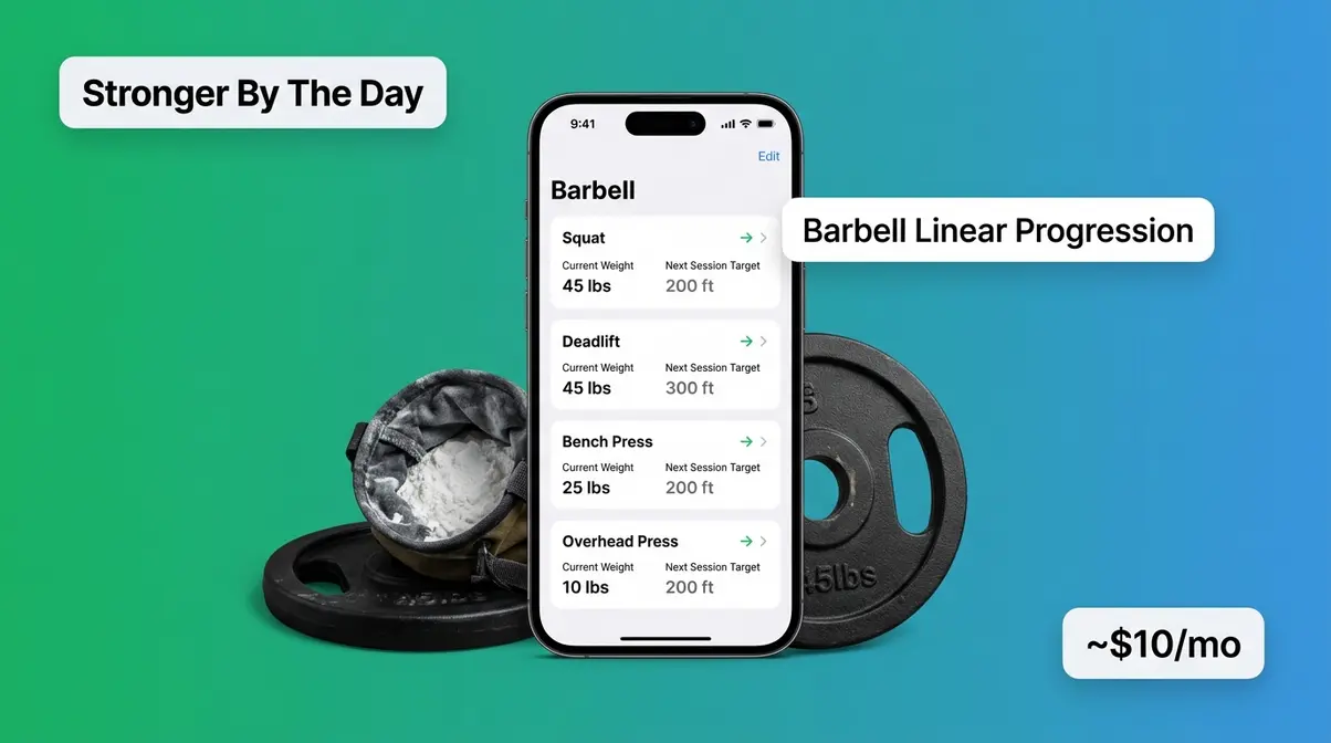 Stronger By The Day barbell app showcase with linear progression log screen and barbell equipment
