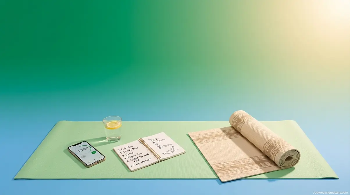 Beginner flexibility routine setup showing 10-minute daily stretching sequence on yoga mat