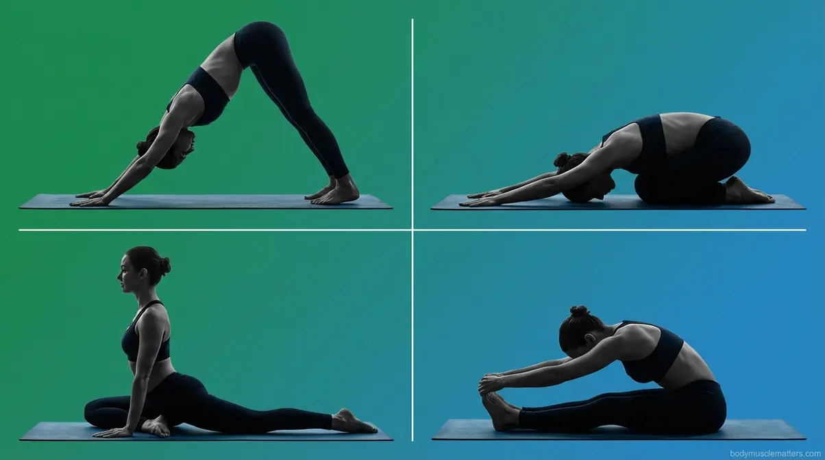 Four best full-body stretching exercises including Downward Dog, Child's Pose, Pigeon Pose, and Seated Forward Fold