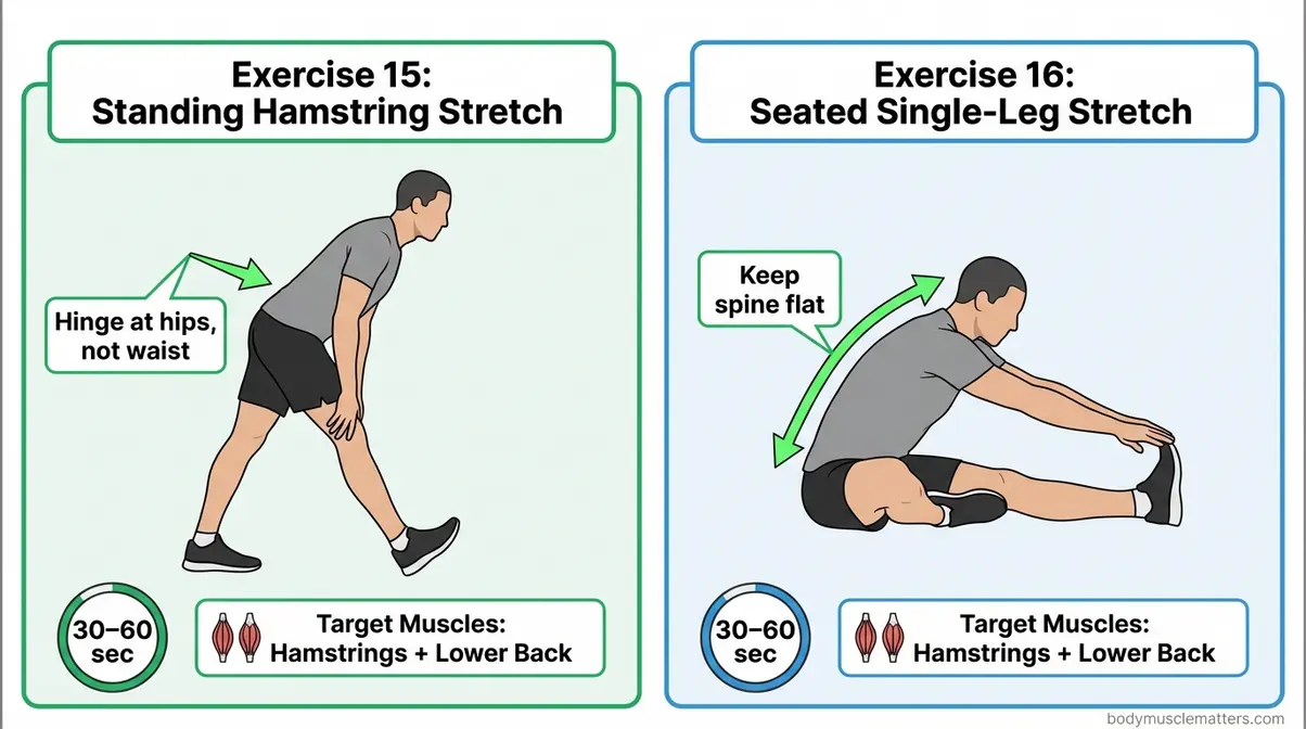 Illustration of standing hamstring stretch and seated single-leg hamstring stretch for leg flexibility exercises