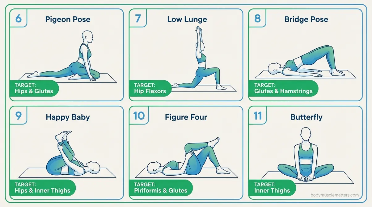 Illustration of Pigeon Pose, Low Lunge, Bridge Pose, Happy Baby, Figure Four, and Butterfly hip flexibility exercises