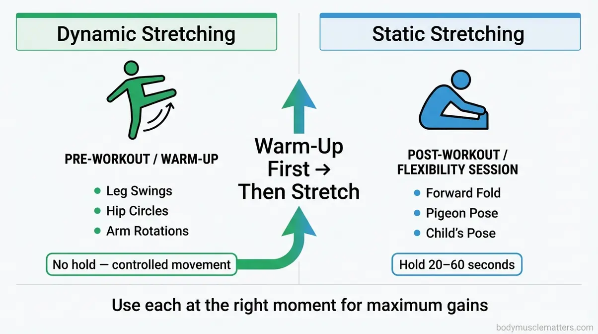 Flowchart comparing static stretching for cool-down and dynamic stretching for warm-up flexibility protocol