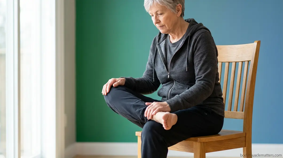 Senior adult performing chair-assisted Figure Four stretch for flexibility after 50 and 60