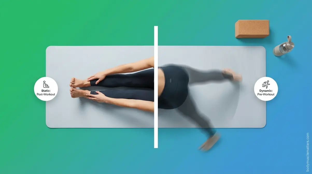 Comparison of static and dynamic stretching types on exercise mat showing correct technique for flexibility